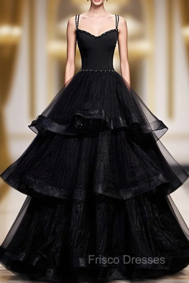 Black V Neck Tulle Long Formal Prom Dress, Black Formal Graduation Dress with Beading