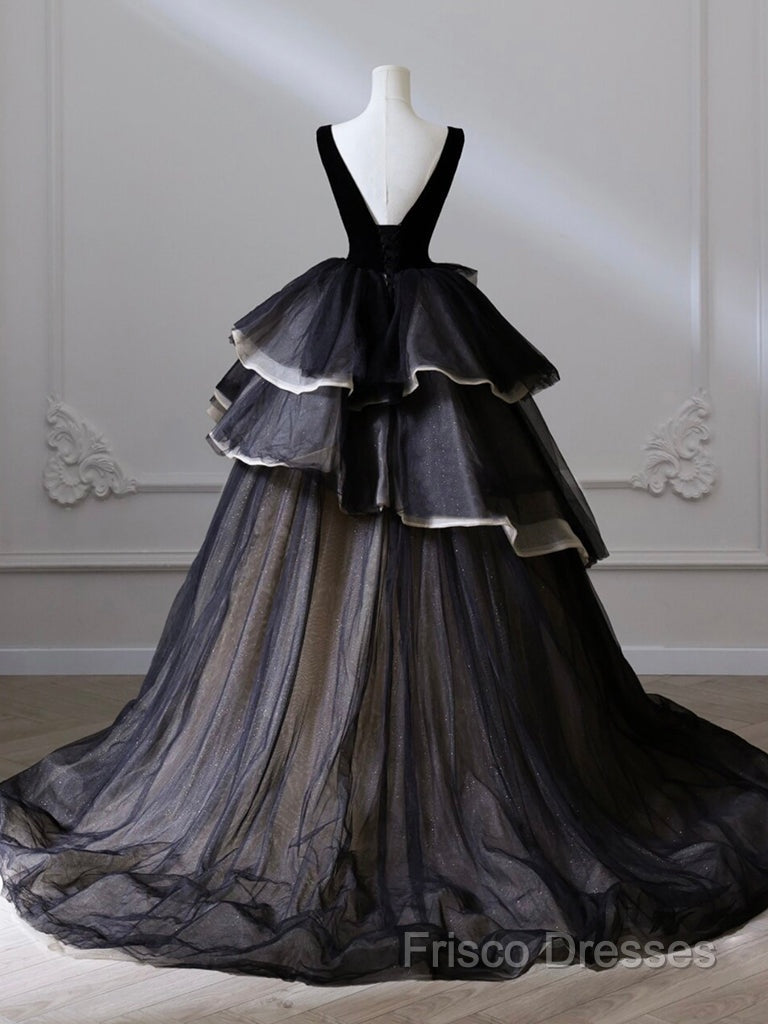 Black V Neck Tulle Long Formal Prom Dress, Black Long Formal Dress Secondary image