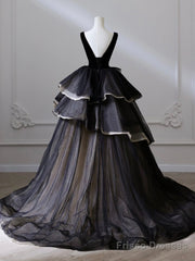 Black V Neck Tulle Long Prom Dress, Black Long Evening Dress