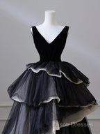 Black V Neck Tulle Long Formal Prom Dress, Black Long Formal Dress
