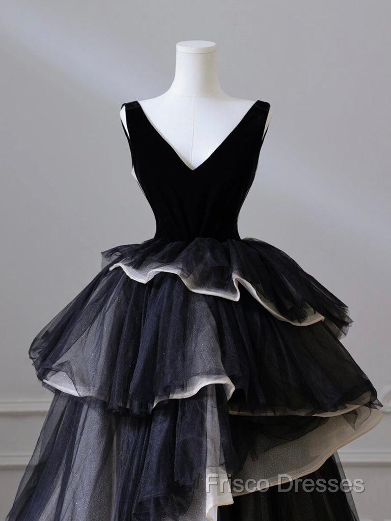 Black V Neck Tulle Long Formal Prom Dress, Black Long Formal Dress