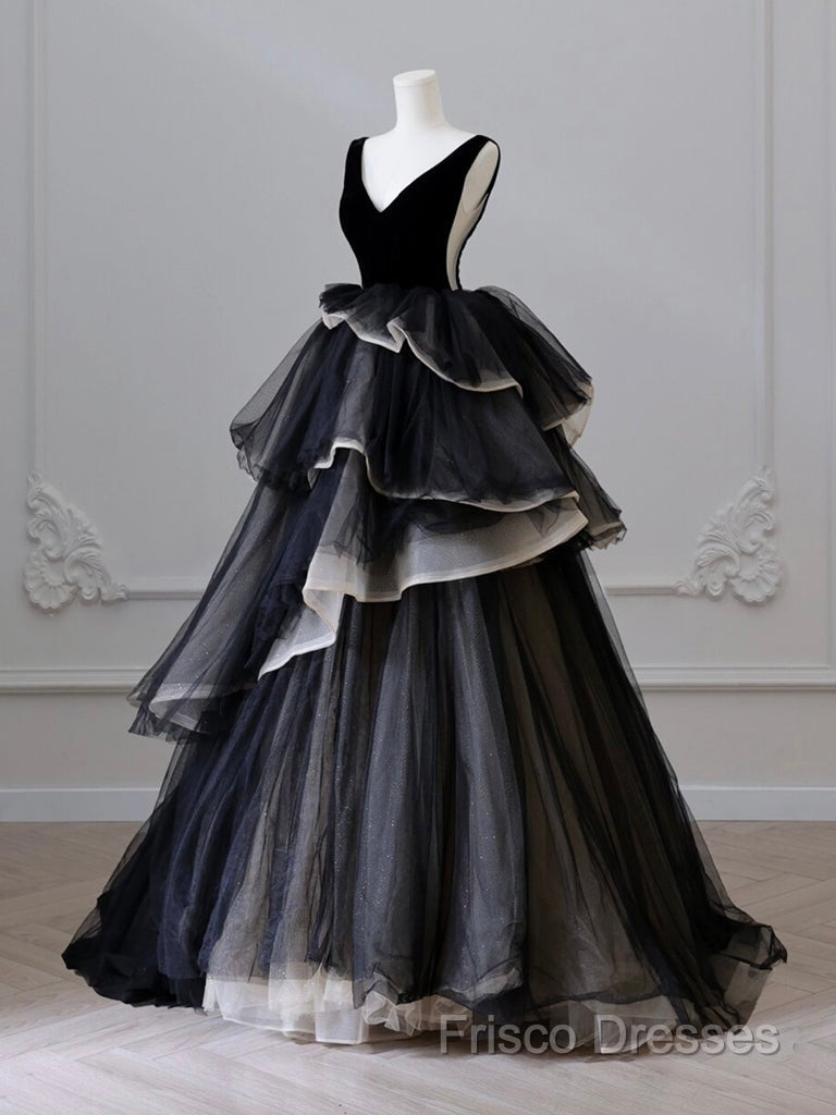 Black V Neck Tulle Long Formal Prom Dress, Black Long Formal Dress