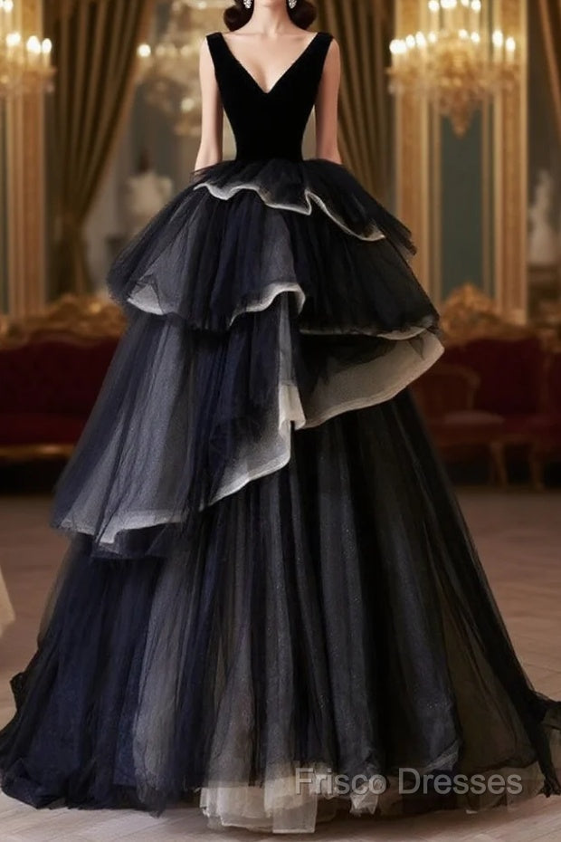 Black V Neck Tulle Long Formal Prom Dress, Black Long Formal Dress Main image