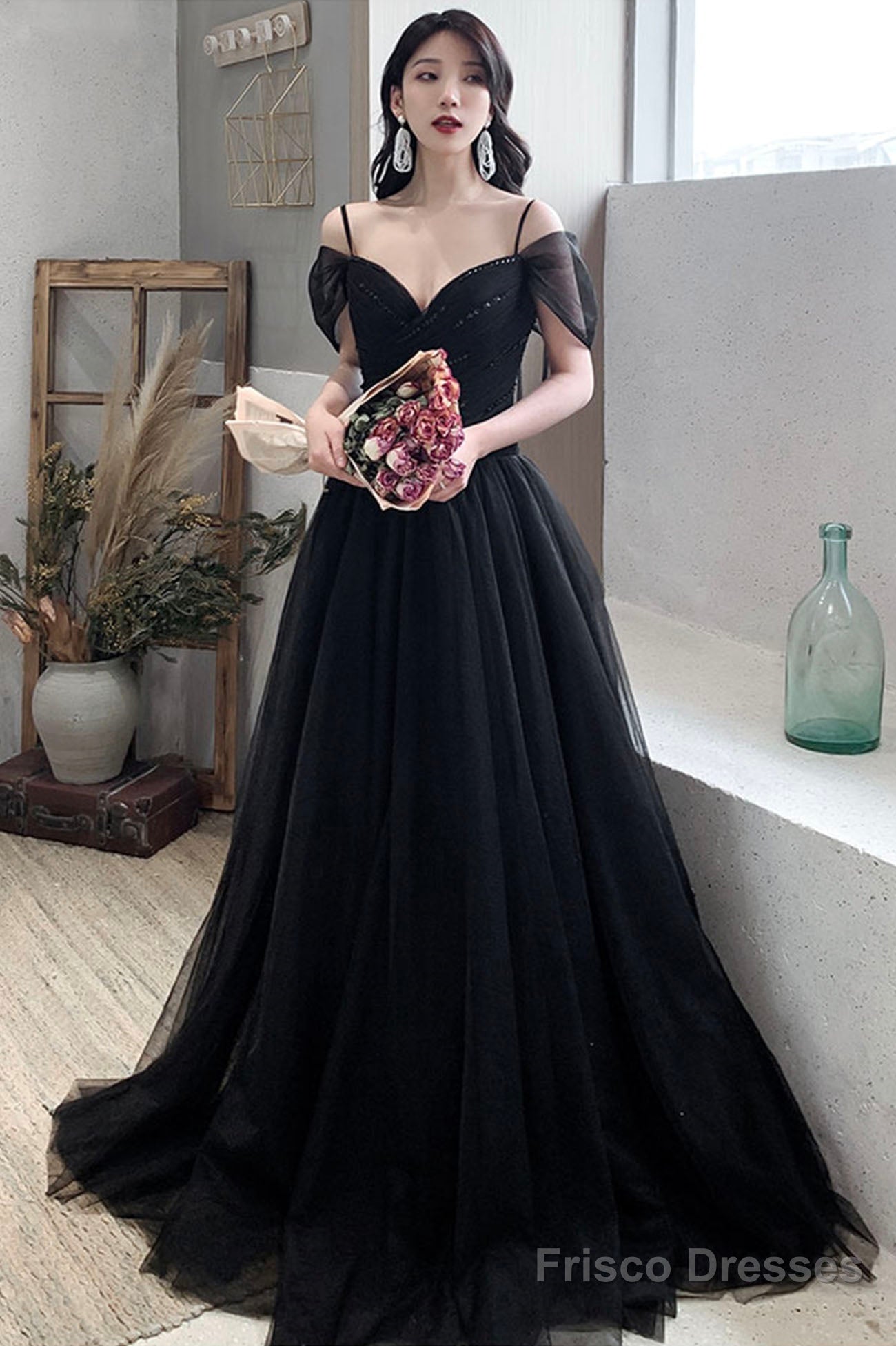 Black V-Neck Tulle Long Prom Dress, Off The Shoulder Evening Dress Main image