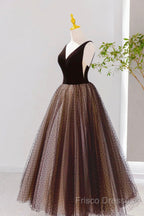 Black V-Neck Tulle Short Formal Prom Dress, A-Line Black Tea Length Party Dress