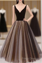 Black V-Neck Tulle Short Formal Prom Dress, A-Line Black Tea Length Party Dress