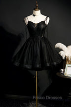 Black V-Neck Tulle Short Formal Prom Dress, Black A-Line Homecoming Party Dress