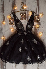 Black V Neck Tulle Short Prom Dress Black Homecoming Dress