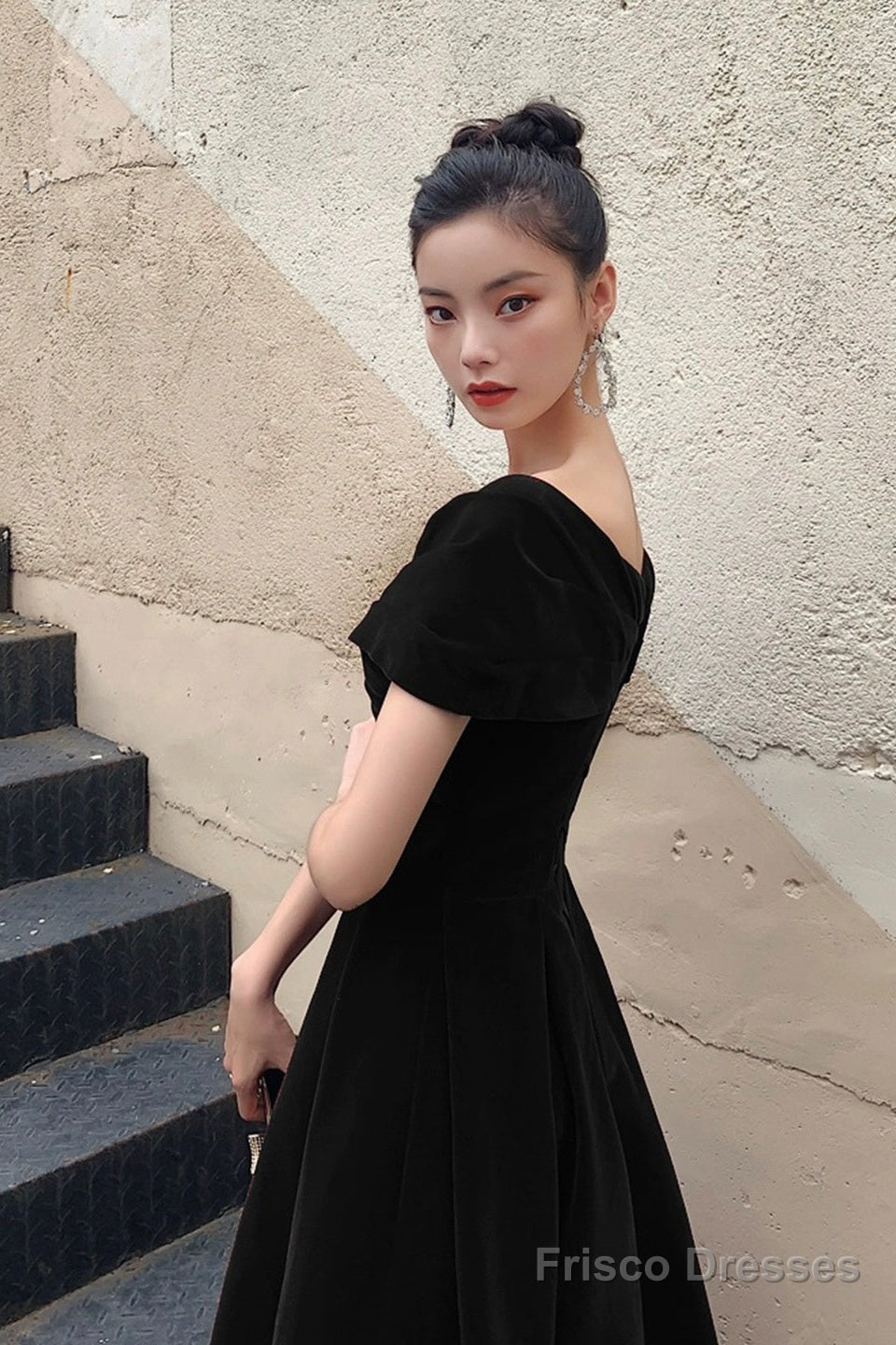 Black V-Neck Velvet Knee Length Prom Dress, Black Evening Party Dress