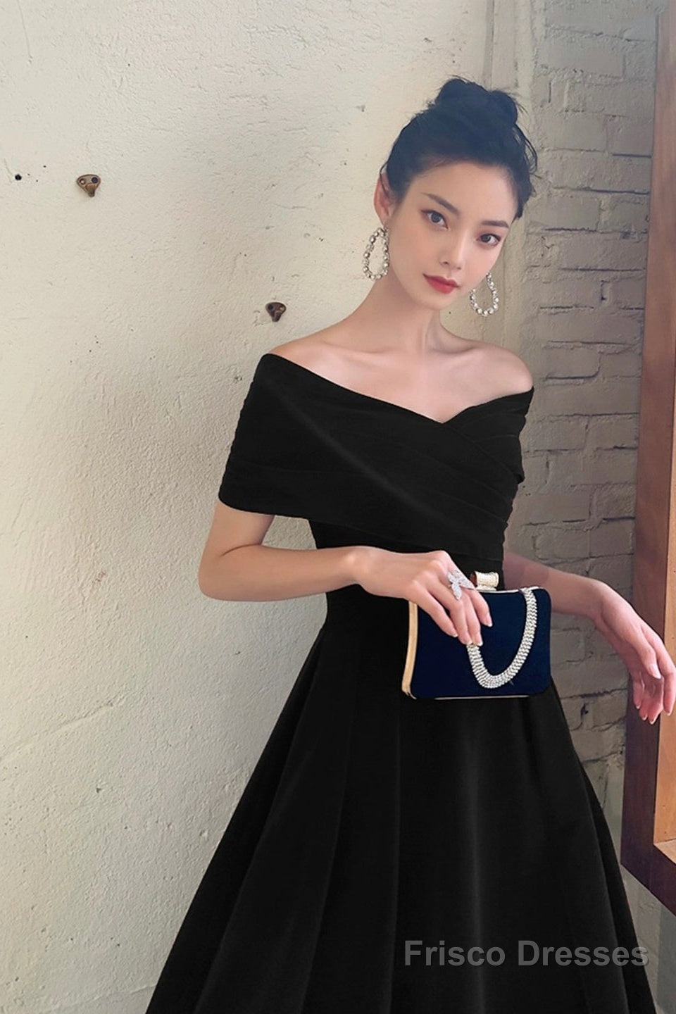 Black V-Neck Velvet Knee Length Prom Dress, Black Evening Party Dress