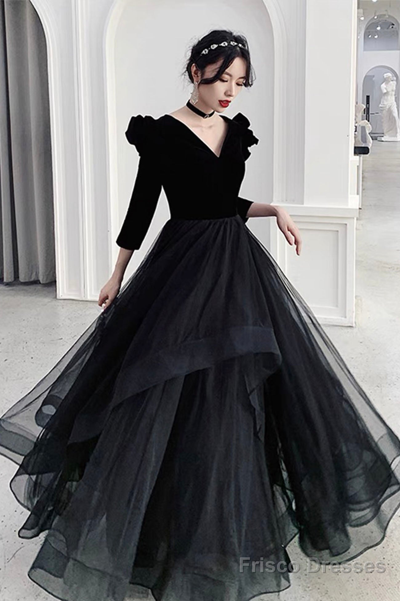 Black V-Neck Velvet Tulle Long Prom Dress, Long Sleeve Party Dress Main image