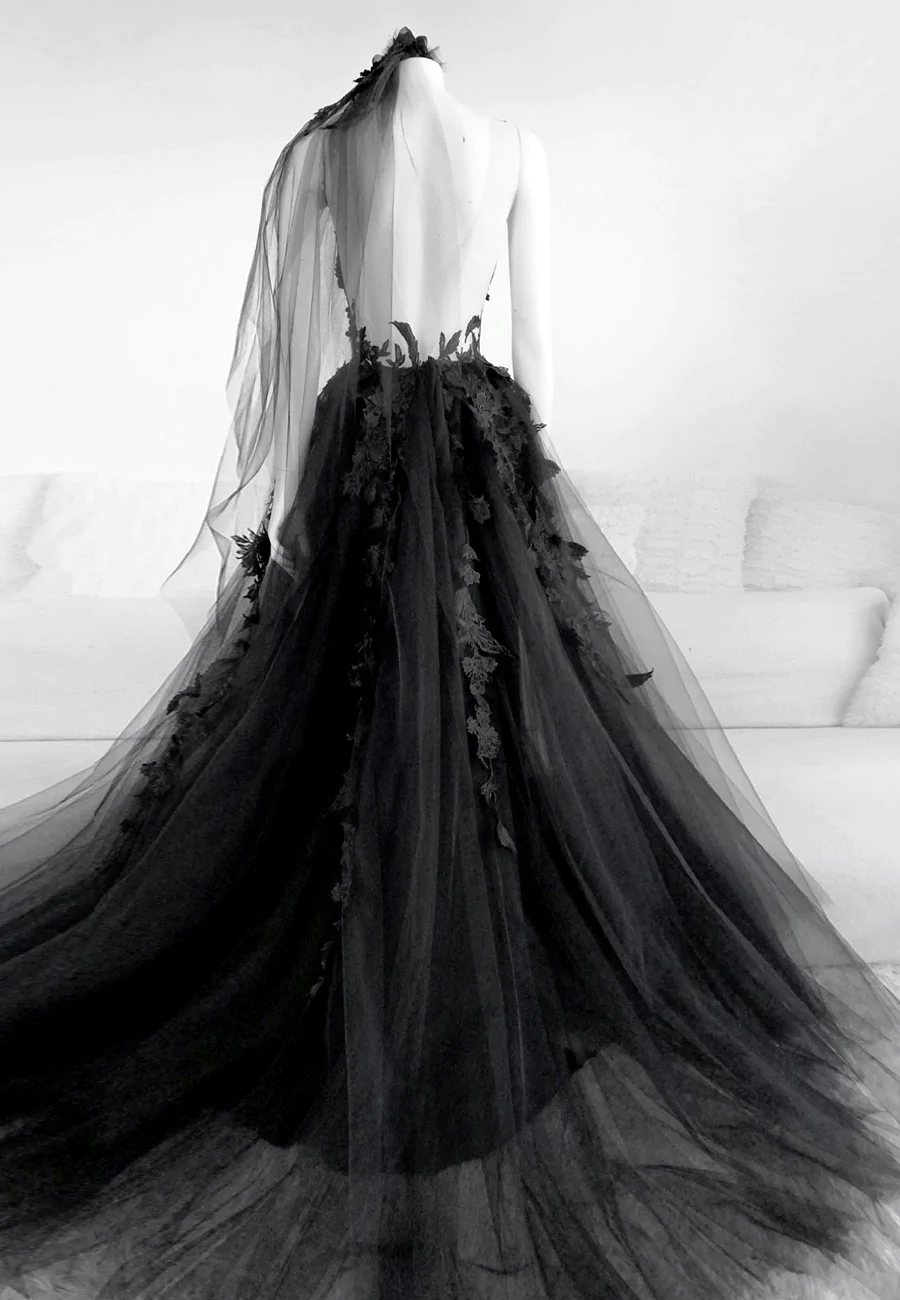 Black V-Neckline Backless Tulle With Lace Party Dress, Black Long Prom Dress Secondary image