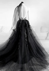 Black V-Neckline Backless Tulle With Lace Party Dress, Black Long Prom Dress