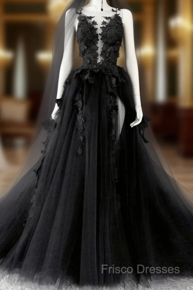Black V-Neckline Backless Tulle With Lace Party Dress, Black Long Formal Prom Dress