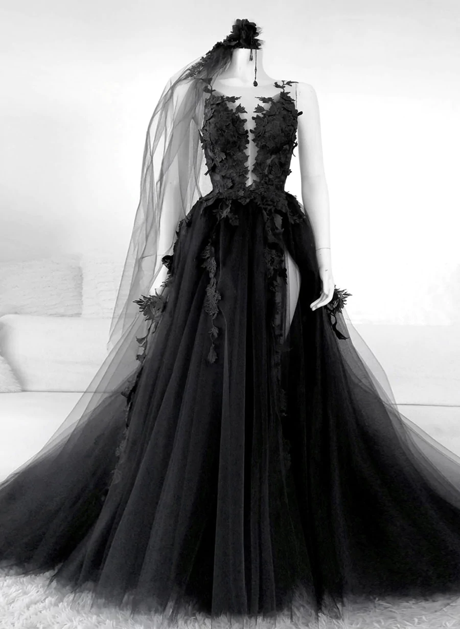 Black V-Neckline Backless Tulle With Lace Party Dress, Black Long Prom Dress Main image