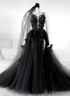 Black V-Neckline Backless Tulle With Lace Party Dress, Black Long Prom Dress