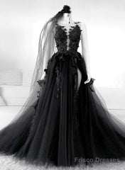 Black V-Neckline Backless Tulle With Lace Party Dress, Black Long Prom Dress