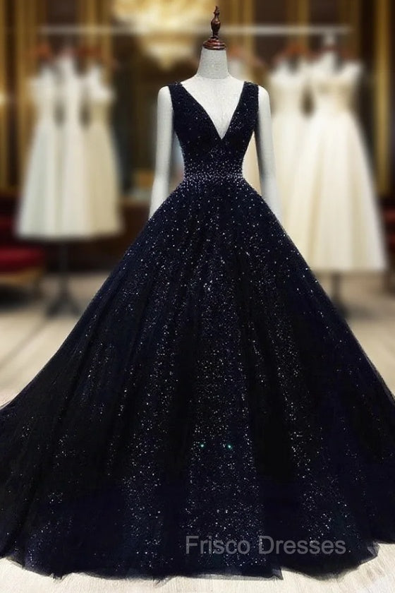 Black V-neckline Shiny Tulle Beaded Sweet 16 Dress, Black Formal Dress Main image