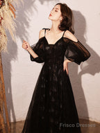 Black V-Neckline Straps A-Line Long Lace-Up Prom Dress, Black Formal Dress