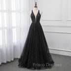 Black V-neckline Tulle and Satin Long Straps Cross Back Formal Prom Dress, Floor Length Evening Dress