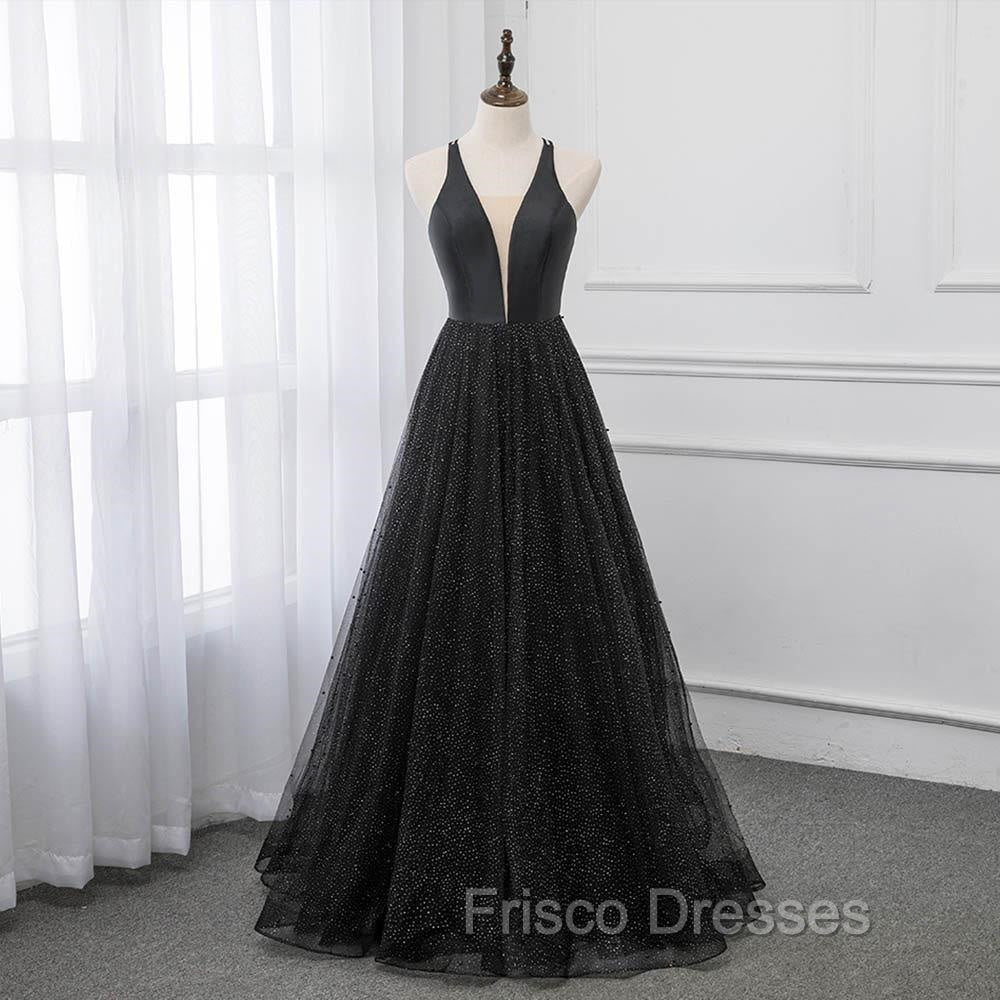 Black V-neckline Tulle and Satin Long Straps Cross Back Formal Prom Dress, Floor Length Evening Dress