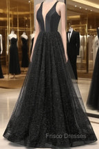 Black V-neckline Tulle and Satin Long Straps Cross Back Formal Prom Dress, Floor Length Evening Dress