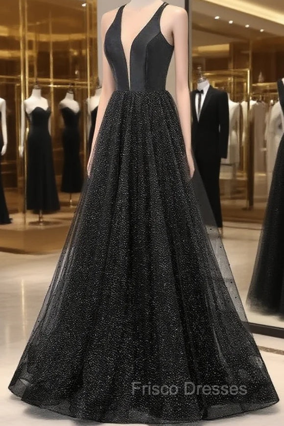 Black V-neckline Tulle and Satin Long Straps Cross Back Formal Prom Dress, Floor Length Evening Dress