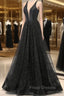 Black V-neckline Tulle and Satin Long Straps Cross Back Formal Prom Dress, Floor Length Evening Dress