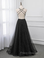 Black V-neckline Tulle and Satin Long Straps Cross Back Formal Prom Dress, Floor Length Evening Dress
