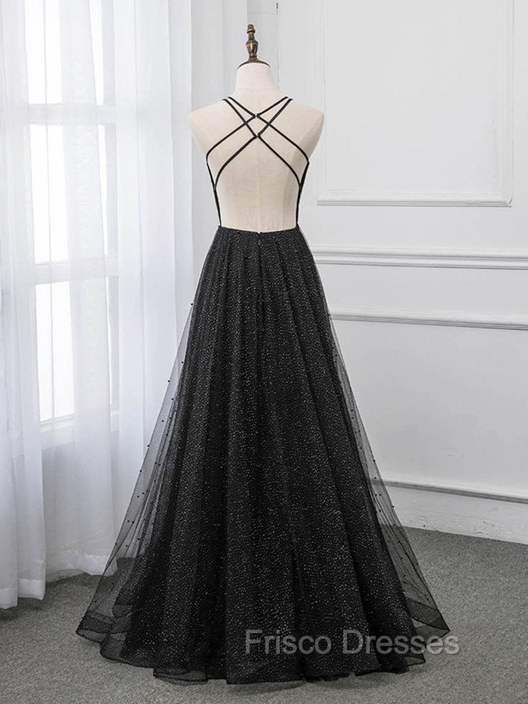 Black V-neckline Tulle and Satin Long Straps Cross Back Formal Prom Dress, Floor Length Evening Dress