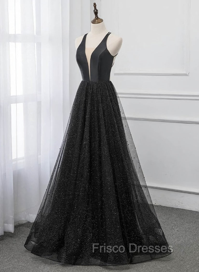 Black V-neckline Tulle and Satin Long Straps Cross Back Formal Prom Dress, Floor Length Evening Dress