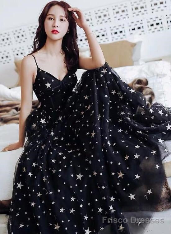 Black V-Neckline Tulle Straps Low Back Long Evening Dress Prom Dress, Black Formal Dresses Main image