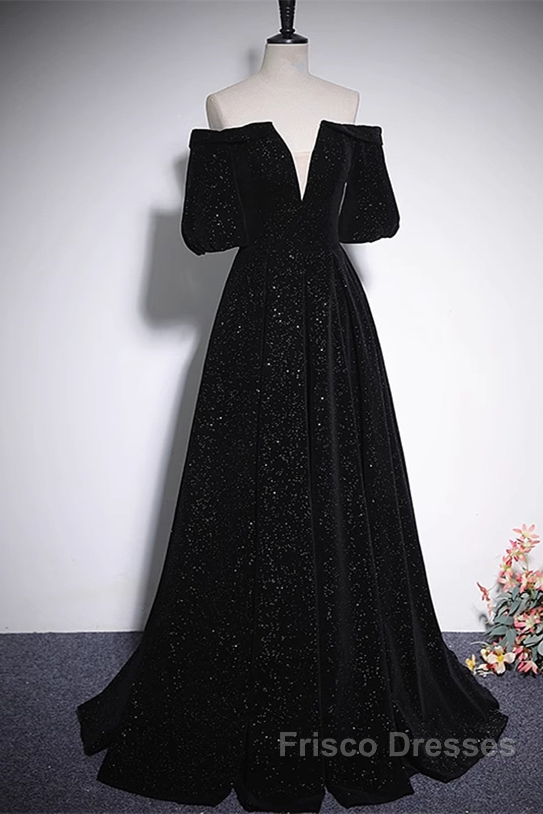 Black V-Neckline Velvet Off Shoulder Party Dress, A-Line Black Formal Prom Dress Evening Dress Secondary image