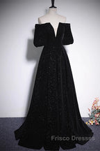 Black V-Neckline Velvet Off Shoulder Party Dress, A-Line Black Formal Prom Dress Evening Dress