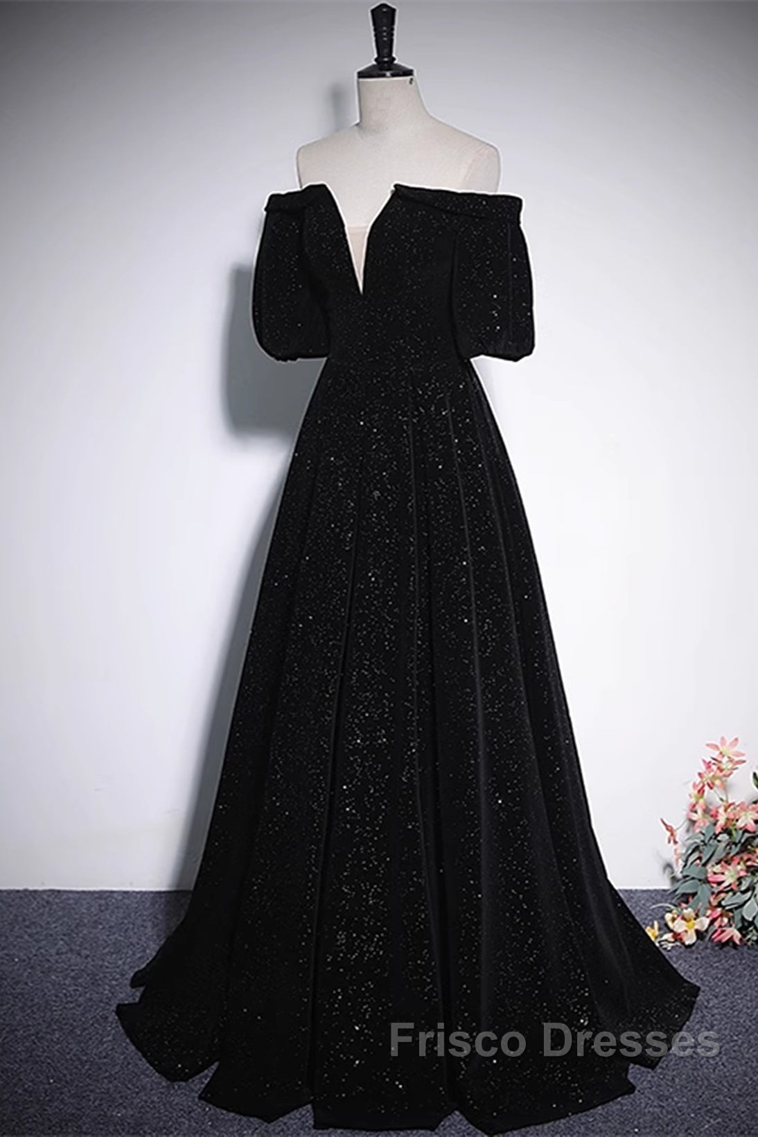 Black V-Neckline Velvet Off Shoulder Party Dress, A-Line Black Formal Prom Dress Evening Dress