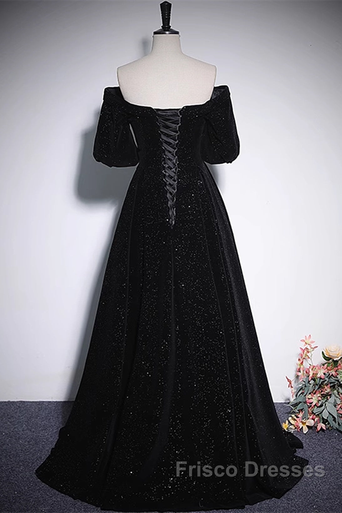 Black V-Neckline Velvet Off Shoulder Party Dress, A-Line Black Formal Prom Dress Evening Dress