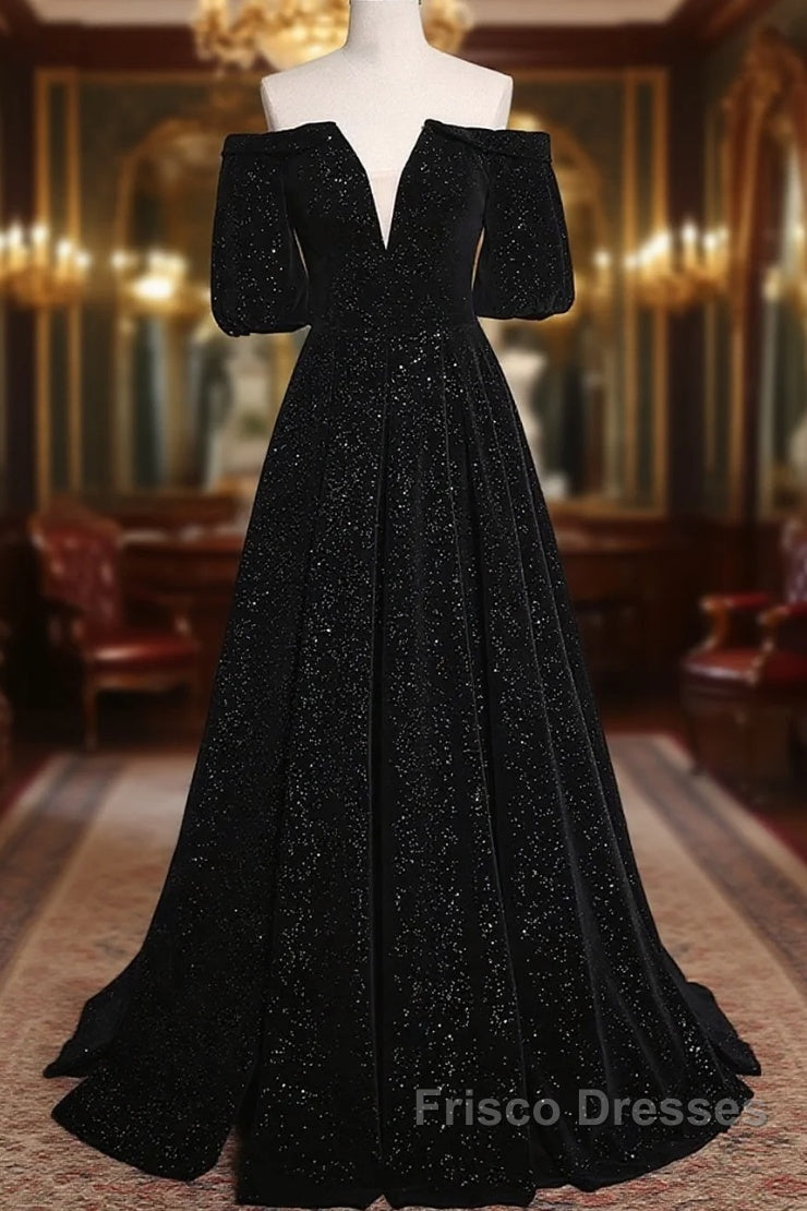 Black V-Neckline Velvet Off Shoulder Party Dress, A-Line Black Formal Prom Dress Evening Dress Main image