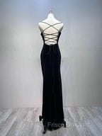 Black Velvet A-line Straps Wedding Party Dress, Black Long Evening Dress Formal Prom Dress