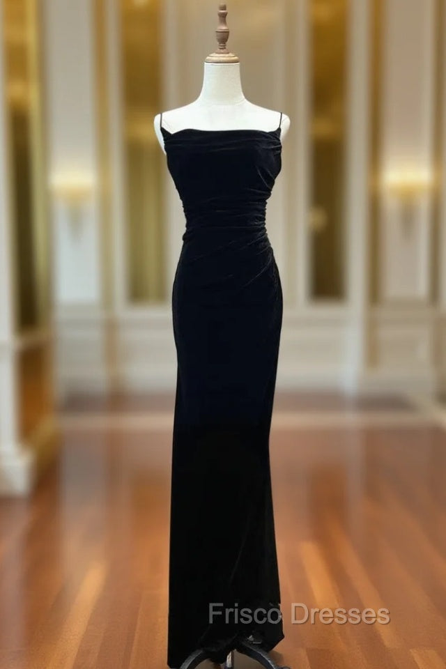 Black Velvet A-line Straps Wedding Party Dress, Black Long Evening Dress Formal Prom Dress Main image