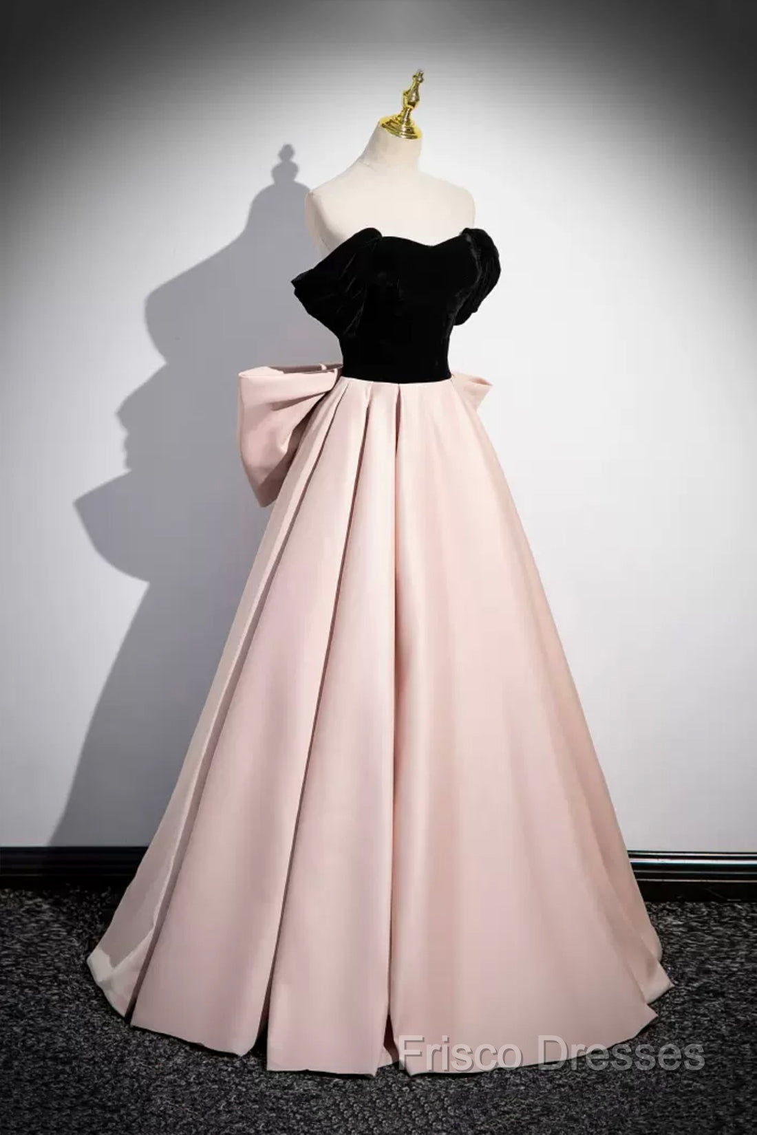 Black Velvet And Pink Satin Long Formal Prom Dress, Beautiful A-Line Formal Party Dress With Bow