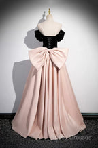 Black Velvet And Pink Satin Long Formal Prom Dress, Beautiful A-Line Formal Party Dress With Bow