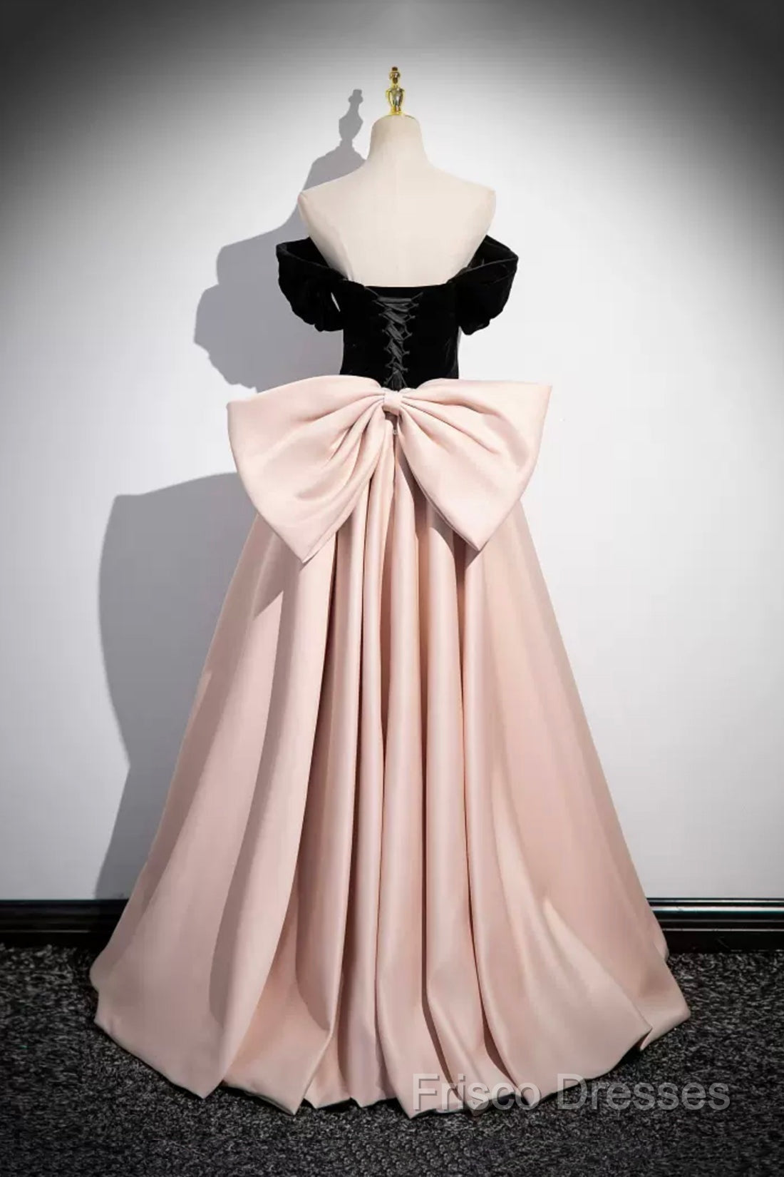 Black Velvet And Pink Satin Long Formal Prom Dress, Beautiful A-Line Formal Party Dress With Bow