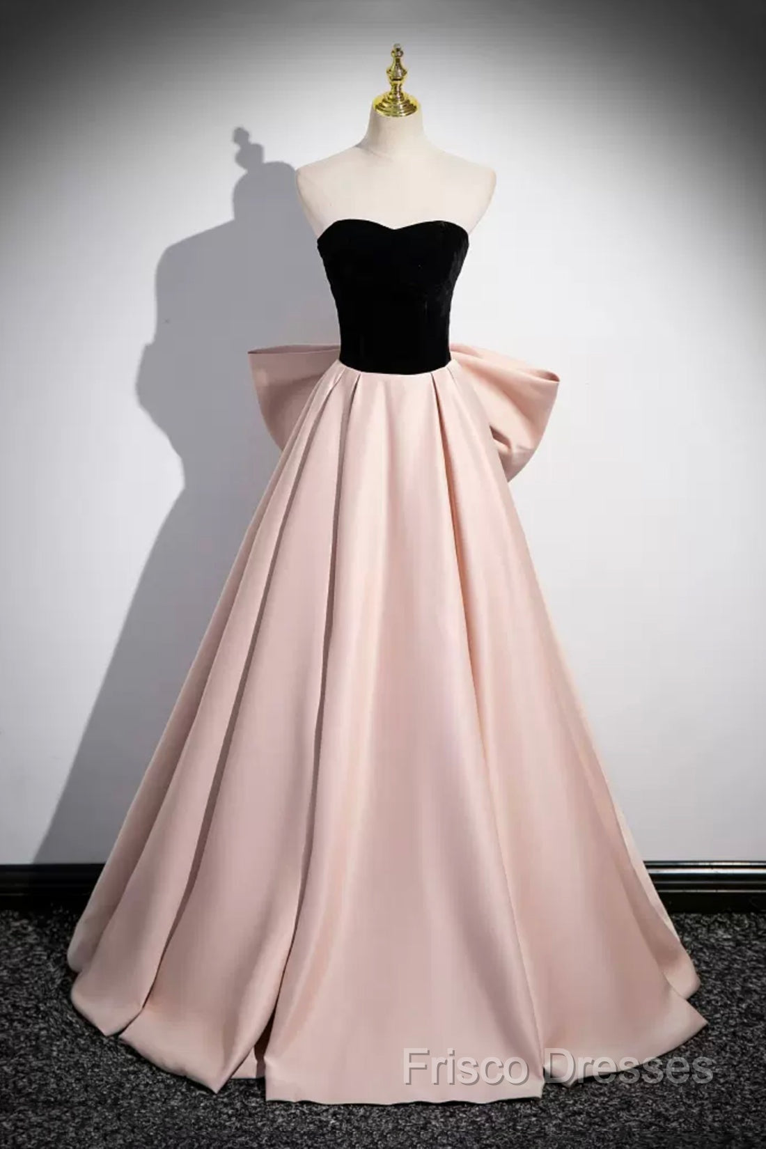 Black Velvet And Pink Satin Long Formal Prom Dress, Beautiful A-Line Formal Party Dress With Bow
