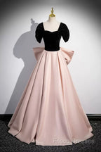 Black Velvet And Pink Satin Long Formal Prom Dress, Beautiful A-Line Formal Party Dress With Bow