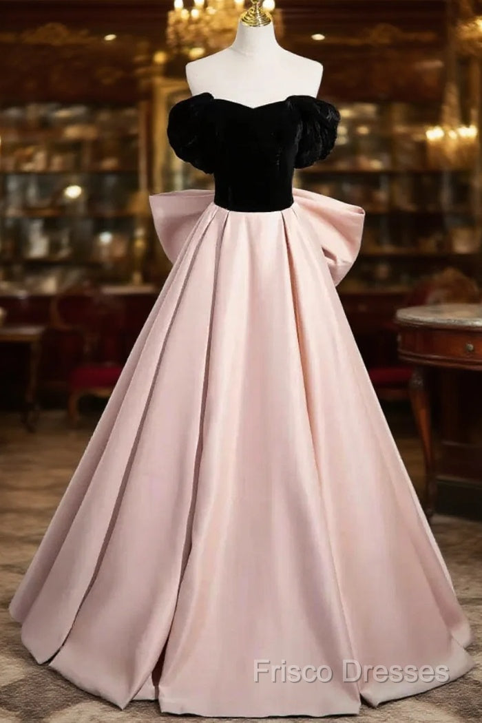Black Velvet And Pink Satin Long Formal Prom Dress, Beautiful A-Line Formal Party Dress With Bow