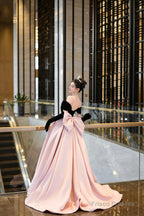 Black Velvet and Pink Satin Long Prom Dress, Off the Shoulder Evening Party Dress