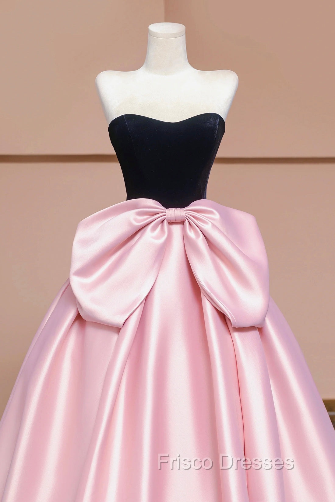 Black Velvet and Pink Satin Long Formal Prom Dress with Bow, Beautiful A-Line Strapless Formal Party Dress