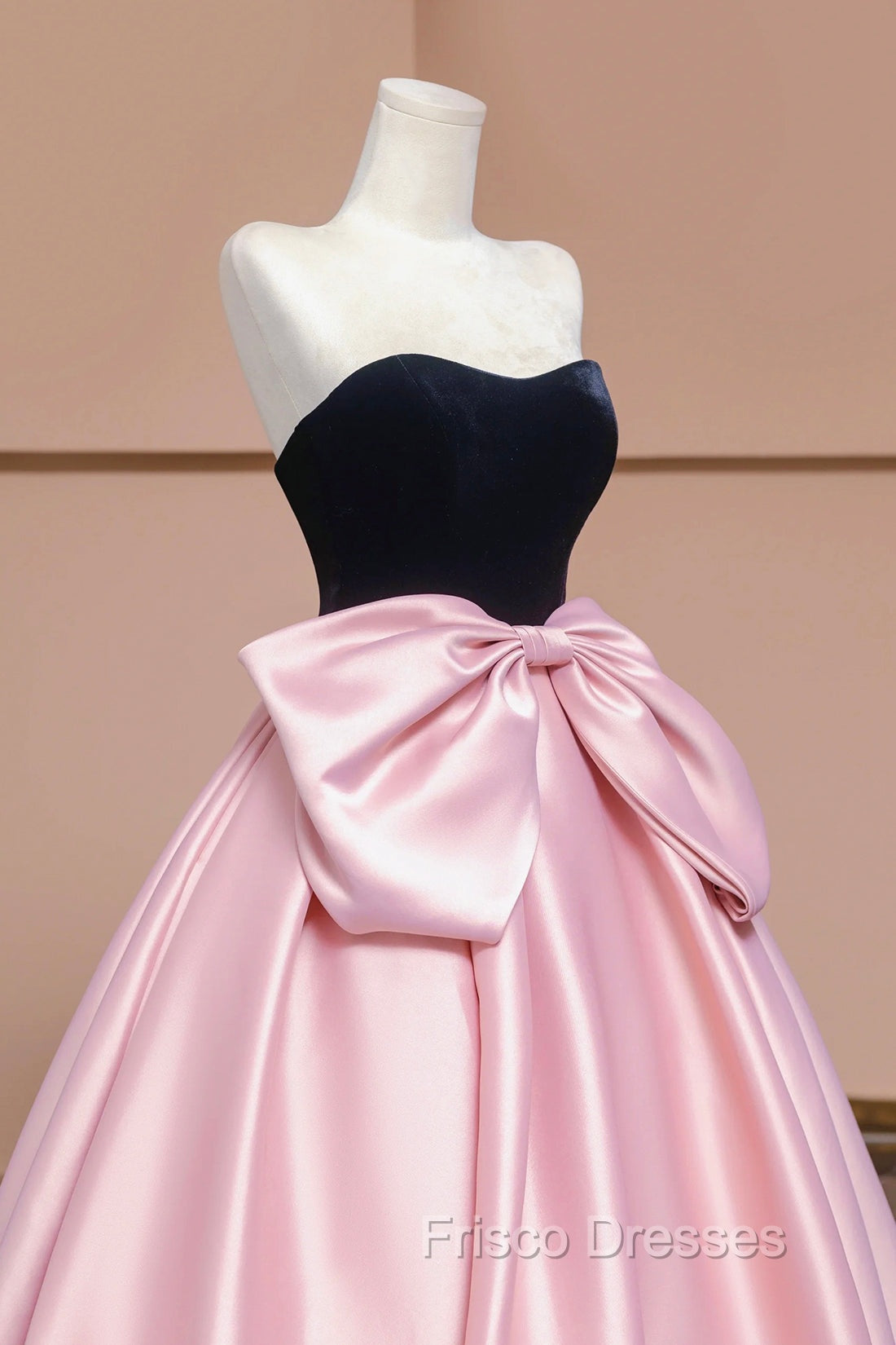 Black Velvet and Pink Satin Long Formal Prom Dress with Bow, Beautiful A-Line Strapless Formal Party Dress