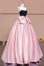 Black Velvet and Pink Satin Long Formal Prom Dress with Bow, Beautiful A-Line Strapless Formal Party Dress
