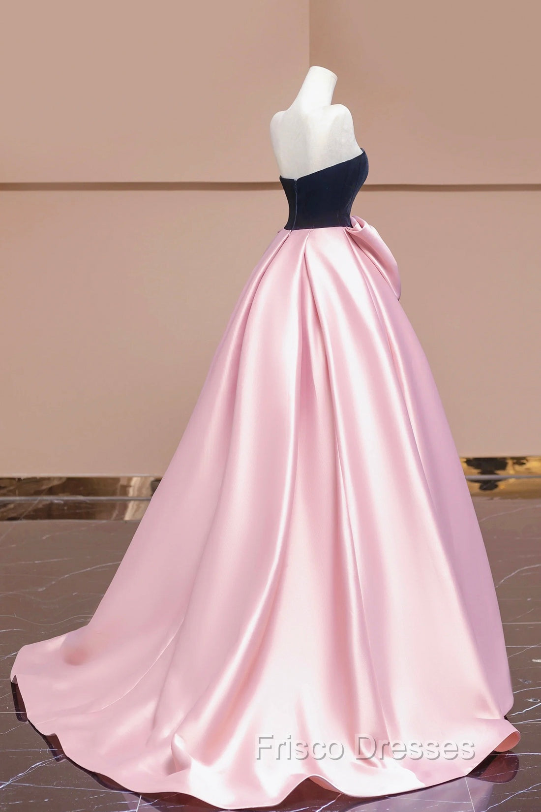 Black Velvet and Pink Satin Long Formal Prom Dress with Bow, Beautiful A-Line Strapless Formal Party Dress